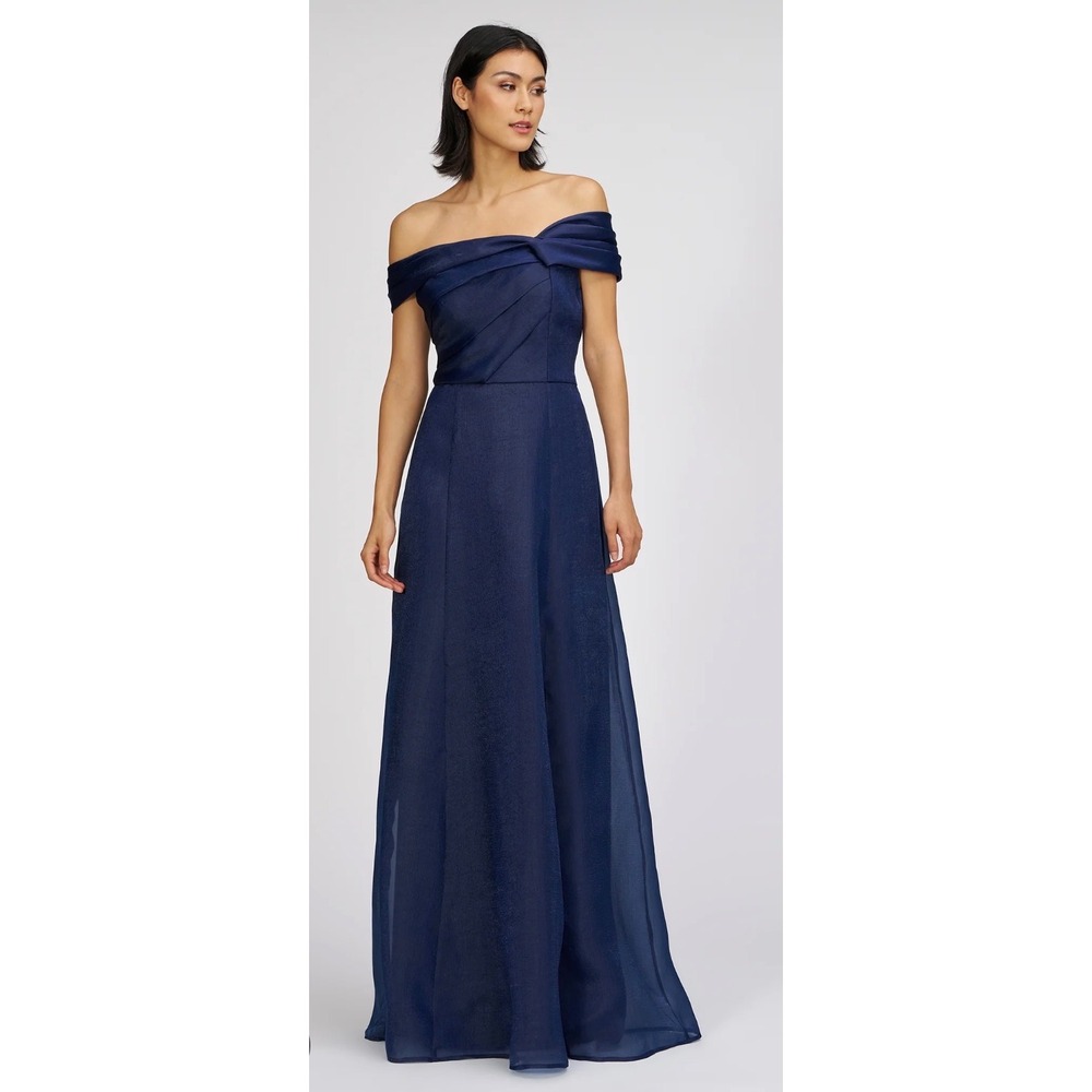 JS Collections Navy Blue Off the Shoulder Textured Chiffon Dress Size 10 NEW